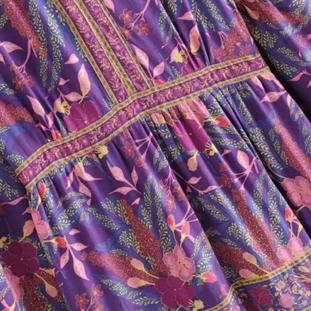 Boho Floral Print Gypsy Maxi Dress Purple Paisley - Picture 8 of 13